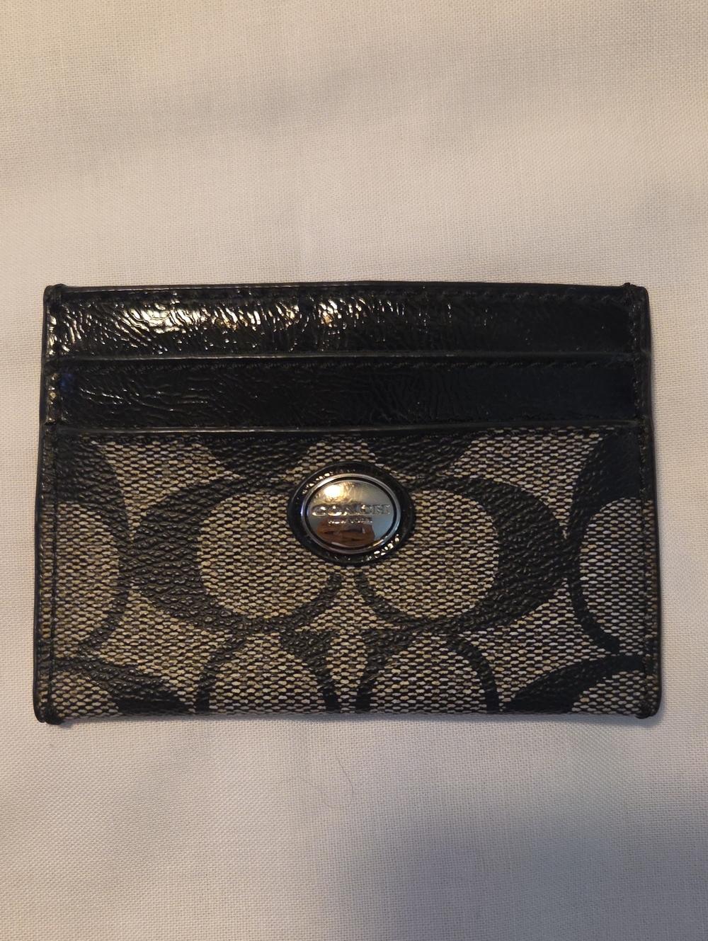 Coach Black and Gray Signature Card Holder with Metallic Logo